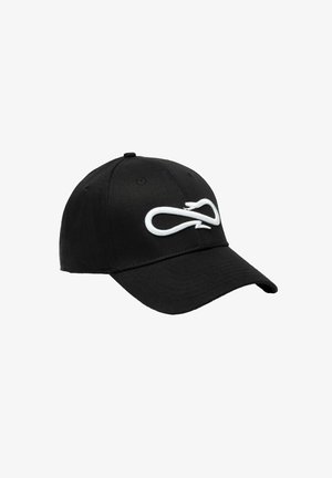 Cappellino da baseball nero con un disegno astratto a forma di infinito ricamato in bianco sul pannello anteriore.