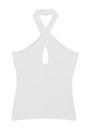 Haut blanc sans manches à col halter torsadé avec une découpe en trou de serrure sur le devant, ajusté et longueur taille.