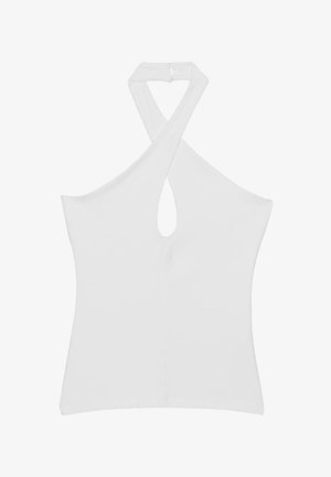 Haut blanc sans manches à col halter torsadé avec une découpe en trou de serrure sur le devant, ajusté et longueur taille.