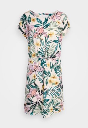 Blomstret kjole i let stof med korte ærmer. Har bindebånd i taljen, lyserøde blomster og grønne blade på en cremefarvet baggrund med en afslappet pasform.