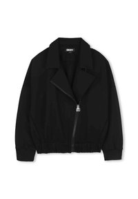 Veste noire zippée avec un col, un ourlet élastiqué et des manches larges. Fabriquée dans un tissu lisse sans motifs ni accents visibles.