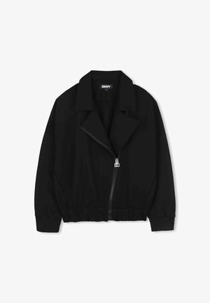 Zwarte ritssluitingjack met een kraaghals, elastische zoom en brede mouwen. Gemaakt van een gladde stof zonder zichtbare patronen of accenten.