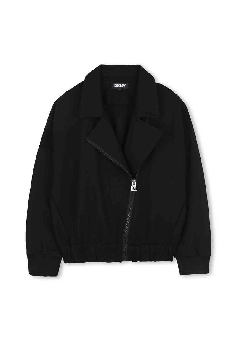 Veste noire zippée avec un col, un ourlet élastiqué et des manches larges. Fabriquée dans un tissu lisse sans motifs ni accents visibles.