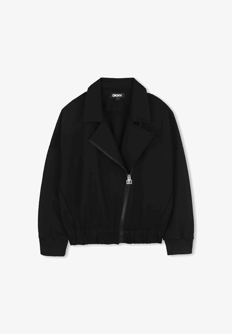 Veste noire zippée avec un col, un ourlet élastiqué et des manches larges. Fabriquée dans un tissu lisse sans motifs ni accents visibles.