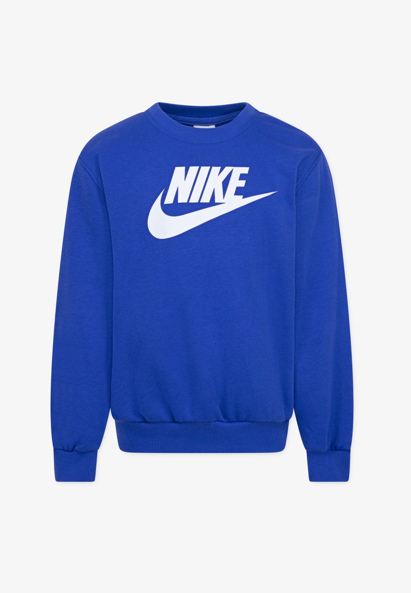 Niebieska bluza z bawełnianego materiału, z białym logo Nike z przodu, prążkowanymi mankietami i dołem. Klasyczny krój z okrągłym dekoltem.