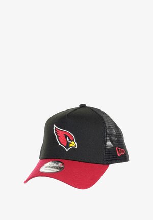 Black and red baseball cap with a mesh back, featuring an embroidered cardinal logo on the front and a curved visor.