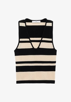 Black and cream striped knitted vest with a V-neckline, featuring alternating thick and thin horizontal bands and a textured fabric.