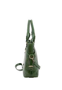 Borsa a tracolla verde in pelle con una texture liscia, dotata di doppio manico superiore, una tracolla rimovibile e dettagli in metallo dorato.