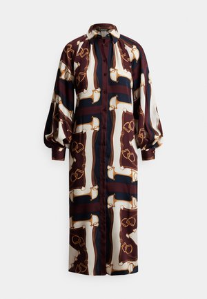 Ilga rankovėmis palaidinė su sagomis, pūstomis rankogaliais, rudos, jūrine ir kreminės spalvų raitelių raštu ir aštriu apykakliu.