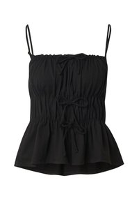 Zwarte peplumtop van zachte stof, met verstelbare spaghettibandjes en geplooide details met strikjes aan de voorkant en onderrand.