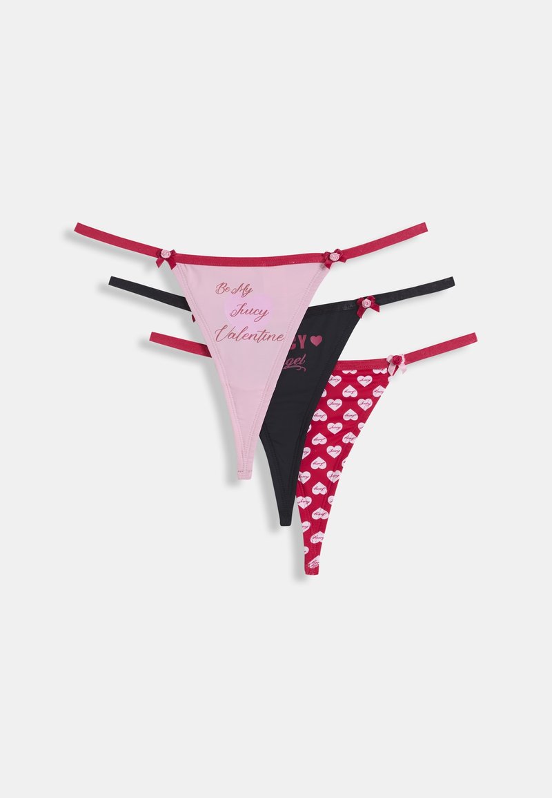 Trīs vienā komplekts: rozā ar rakstu, melns ar tekstu, sarkans ar sirsniņu rakstu. Katram apģērba gabalam ir plānas lences un loki kā rotājums.