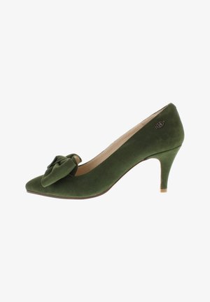 Green suede high heel shoe with a pointed toe and a decorative bow on the front, featuring a slim heel and beige interior lining.