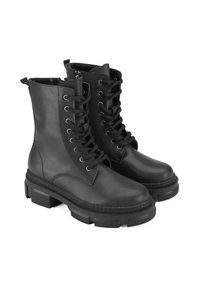 Schwarze Lederkampfstiefel mit runder Zehenform, Schnürung vorne und dicker Gummisohle mit strukturierten Akzenten. Seitenreißverschluss für ein einfaches An- und Ausziehen.