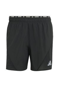 Black athletic running shorts with elastic waistband featuring "RUNNING" text and Adidas logo on lower left leg.