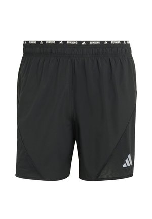 Pantalones cortos deportivos negros para correr con cintura elástica que presenta el texto "RUNNING" y el logotipo de Adidas en la parte inferior de la pierna izquierda.