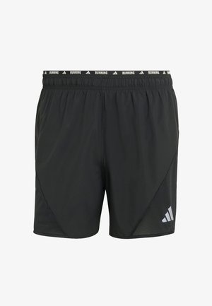 Pantaloncini da corsa atletici neri con fascia elastica in vita con la scritta "RUNNING" e logo Adidas sulla gamba inferiore sinistra.