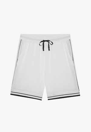 Biele športové šortky z priedušnej sieťoviny s čiernou šnúrkou na sťahovanie a bočnými vreckami. Čierno-biele pruhy na spodnom leme. Priedušný materiál.