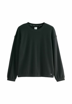 Maglione nero a coste con scollatura rotonda, maniche lunghe a palloncino e vestibilità comoda. Presenta un piccolo etichetta logo vicino all'orlo.