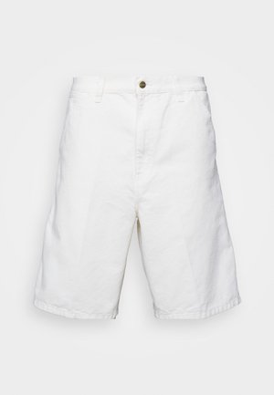 White cotton shorts with a straight cut, featuring a button closure and belt loops, smooth texture, and knee-length design.