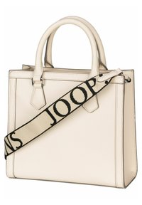 Beige strukturierte Handtasche mit zwei Griffen und abnehmbaren Stoff-Schulterriemen, der mit einem Logo-Print versehen ist. Texturierte Oberfläche mit sichtbaren Stichen.