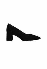 Chaussure à talon haut noire en daim avec un bout pointu et un talon épais. Texture lisse avec un minimum de détails.