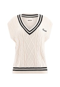 Suéter sin mangas de punto blanco con escote en V, que presenta patrones de trenzado y franjas negras en el cuello y el dobladillo. Logotipo en el frente.
