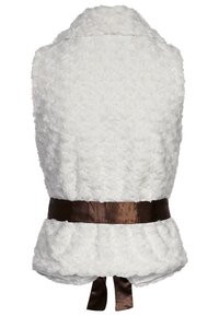 Vit fuskpälsväst med ett texturerat blommönster, utrustad med ett brunt satinskärp. Ingen framknäppning, kragefri design och peplum-form.