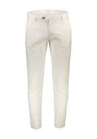 Světlé béžové lněné kalhoty s úzkým střihem, vybavené předním zapínáním na knoflíky a nenápadnými bočními kapsami. Hladká textura s minimem detailů.