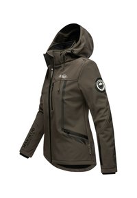 Brown softshell jacket with hood, front zipper, zippered pockets, adjustable drawstrings, and brand logos on chest, sleeve, and forearm.