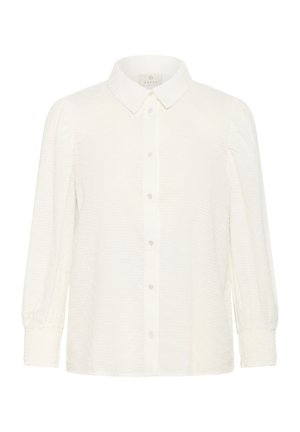 Witte blouse met knopen gemaakt van textuurstof. Heeft een klassieke kraag, lange mouwen met geplooide manchetten en een slim-fit ontwerp.