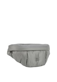 Šedý puffer batoh s kulatým tvarem, hladkým povrchem a předním zipem. Logo "B" na straně. Lehký a polstrovaný design.