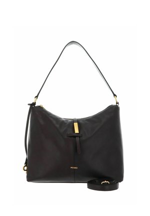 Sac à épaule en cuir noir au design courbé, avec des accents en métal doré, une fermeture zippée sur le dessus et une sangle réglable. Texture lisse avec un style minimaliste.