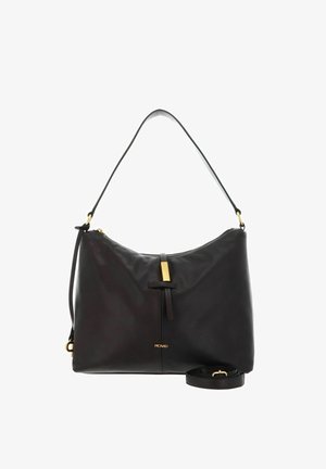 Sac à épaule en cuir noir au design courbé, avec des accents en métal doré, une fermeture zippée sur le dessus et une sangle réglable. Texture lisse avec un style minimaliste.