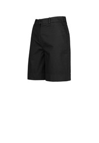 Pantaloni corti neri in cotone con design a gamba dritta, dotati di vita alta, tasche frontali e una texture liscia.