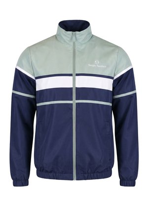Giacca antivento leggera da uomo con zip, nei colori blu navy, grigio chiaro e bianco, con il logo Sergio Tacchini sul petto.