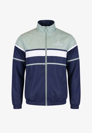 Pánská lehká větrová bunda na zip v námořnické modři, světle šedé a bílé barvě s logem Sergio Tacchini na hrudi.