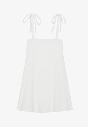 Biała sukienka bez rękawów z regulowanymi ramiączkami, luźny krój, gładka tekstura i prosta krawędź. Prosty i minimalistyczny styl.