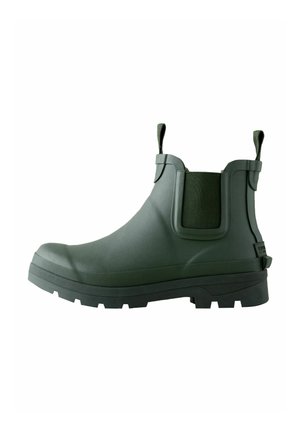 Grüner Gummistiefel mit glatter Oberfläche, elastischem Seitenpanel, Ziehschlaufen und profilierter Sohle für besseren Halt.