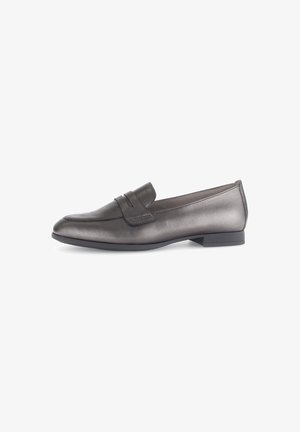 Metallic gray leather loafers with a subtle sheen, featuring a front strap detail and low square heel. Smooth texture, elegant design.