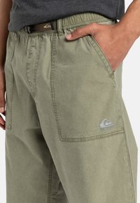 Light olive-green cargo shorts with an elastic waistband, side pockets, and a Quiksilver logo on the left leg. Soft fabric with a matte finish.