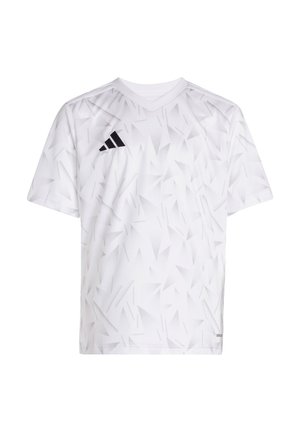 White short-sleeve jersey featuring a geometric pattern in varying shades of gray, with a black Adidas logo on the left chest.