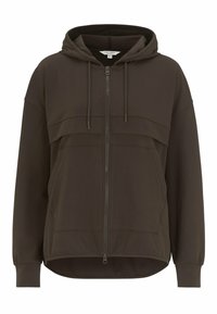 Mørkebrun zip-up hoodie med hætte og snøre, der har et design på frontpanelet og elastiske manchetter. Glat tekstur og afslappet pasform.