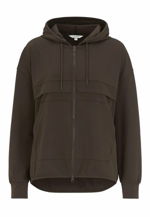 Donkerbruine rits-hoodie met een trekkoordkap, voorzien van een ontwerp op het voorpaneel en elastische boorden. Glad materiaal en een relaxte pasvorm.