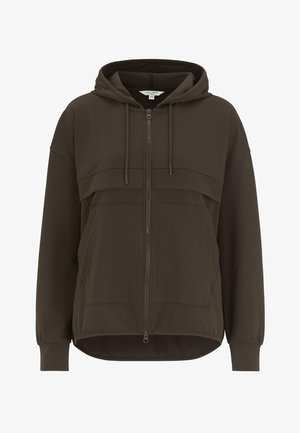 Dark brown zip-up hoodie with a drawstring hood, featuring a front panel design and elastic cuffs. Smooth texture and relaxed fit.