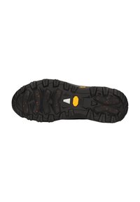 Schwarze Gummisohle mit aggressivem Profil, strukturierten Rillen und Vibram-Logo. Verfügt über orangefarbene Akzente und ein dreieckiges reflektierendes Element.