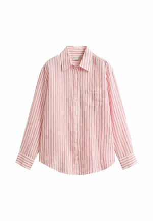 Langärmeliges Hemd zum Knöpfen mit rosa vertikalen Streifen, spitzem Kragen und Brusttasche auf weißem Hintergrund.
