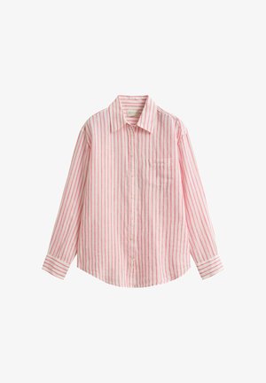 Langärmeliges Hemd zum Knöpfen mit rosa vertikalen Streifen, spitzem Kragen und Brusttasche auf weißem Hintergrund.