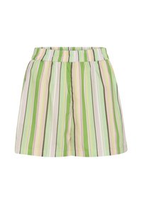 Dryžuoti šortai su elastingu juosmeniu, turintys žalią, rožinę ir baltą vertikalių raštų spalvas. Pagaminti iš lengvo audinio.