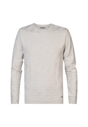 Sweatshirt en tricot gris clair avec un motif géométrique texturé, col rond et manches longues. Comprend un ourlet et des poignets à côtes.