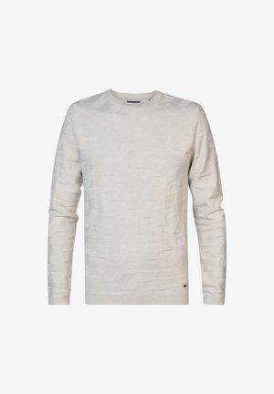 Sweatshirt en tricot gris clair avec un motif géométrique texturé, col rond et manches longues. Comprend un ourlet et des poignets à côtes.